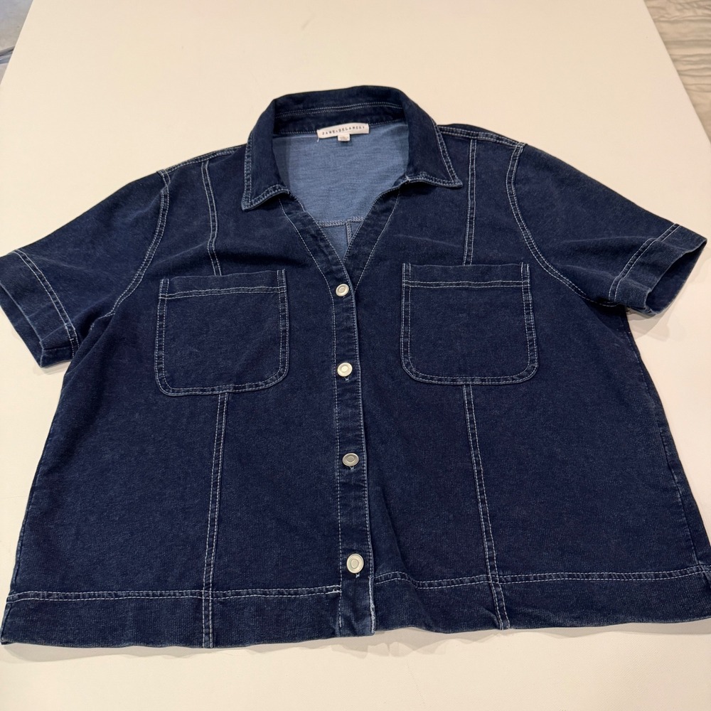Jane + Delancey Womens XL Blue Denim Look Knit Button Down Short Sleeve Top